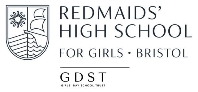 Logo of Redmaids’ High School for Girls, Bristol. A shield emblem on the left features a stylised flower, waves, and curved shapes, with the school name in large uppercase text to the right. Below, the initials ‘GDST’ appear with the words ‘Girls’ Day School Trust’.