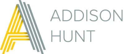 Addison Hunt logo featuring a stylized letter 'A' with yellow and gray geometric lines, accompanied by the company name 'ADDISON HUNT' in uppercase gray letters.