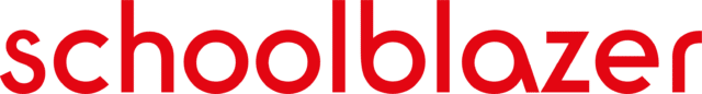 Schoolblazer logo in red lowercase letters.
