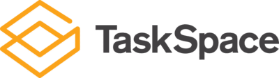 TaskSpace logo with a geometric orange icon resembling layered squares and the company name in black