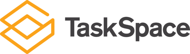 TaskSpace logo with a geometric orange icon resembling layered squares and the company name in black