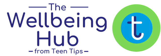 The Wellbeing Hub from Teen Tips logo in blue text, with a circular green and blue icon featuring a lowercase 't'.