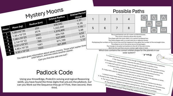 A set of science and math-related puzzles, including a table of moon data, a logical reasoning challenge labeled "Padlock Code," and a puzzle involving shapes and numbers, are displayed against a purple background.