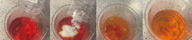 A four-step chemistry experiment sequence is shown. The first image contains a red liquid in a beaker. In the second, a white powder is being added. The third shows a bubbling reaction, and the fourth depicts a color change to orange.