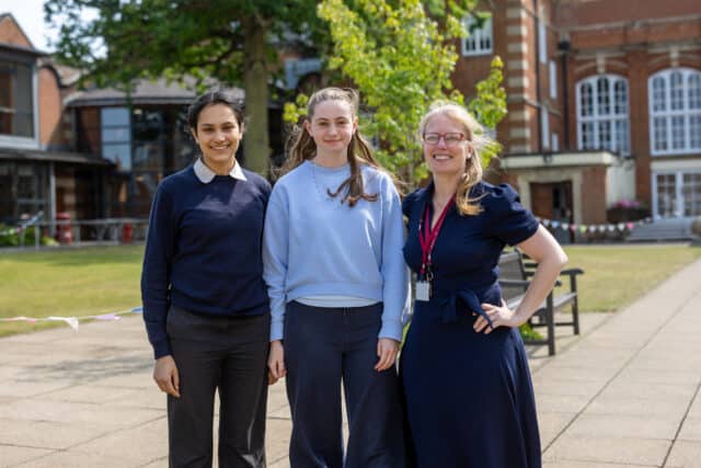 Amelie Abbott (Eco Prefect), Priya Hauser (Lower Sixth pupil) and Mrs Katie Brudenell (Sustainability Champion) - St Helen and St Katharine, Abingdon