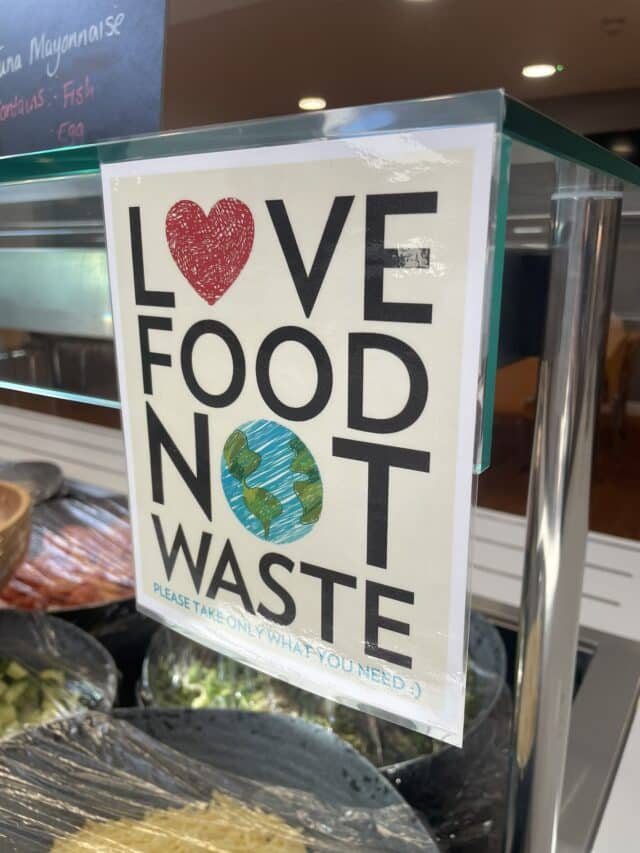 Posters in a canteen area with the message “LOVE FOOD NOT WASTE” (heart and Earth symbols included), encouraging students to take only what they need.