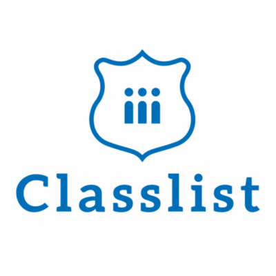 The logo shows a blue shield outline containing three stylized human figures, positioned above the word “Classlist” in blue serif lettering.