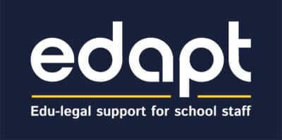 Edapt logo with the word “edapt” in white on a dark blue background, with the tagline “Edu-legal support for school staff” below.
