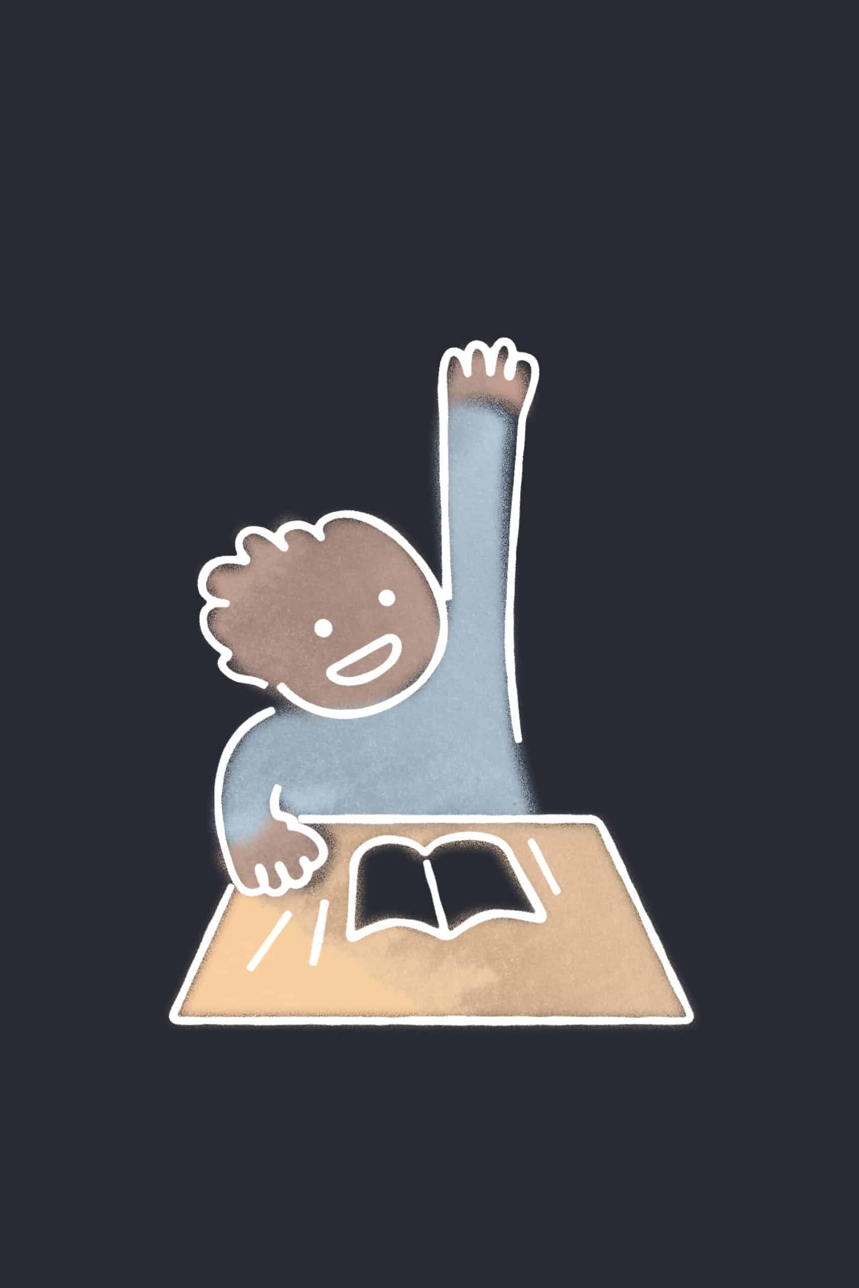 Cartoon-style drawing of a child sitting at a desk with an open book, eagerly raising one hand while smiling, suggesting active participation or asking a question.