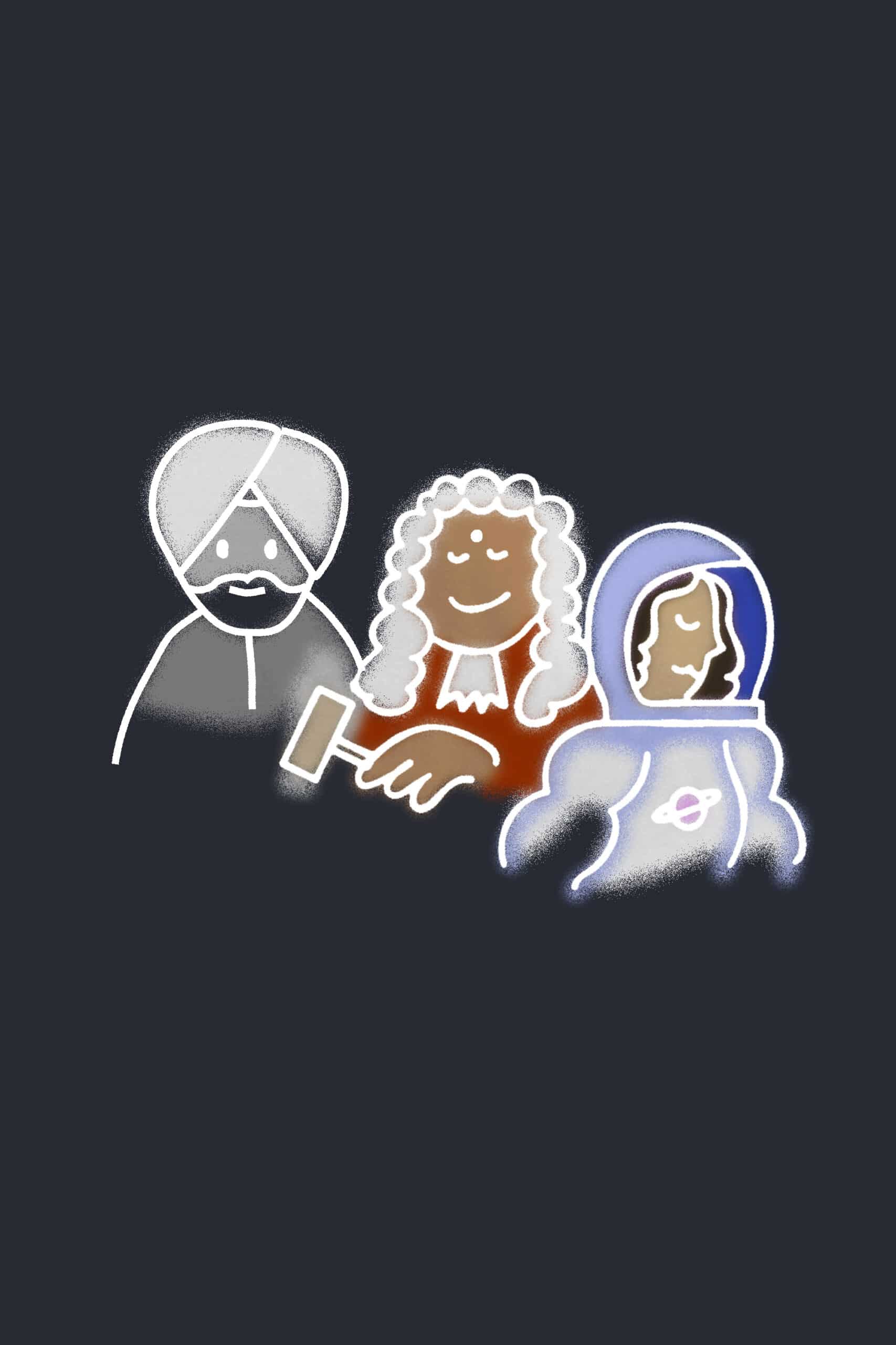 Stylized illustration of three diverse figures representing different professions—a man in a turban, a judge with a gavel and white wig, and an astronaut in a space suit with a planet emblem