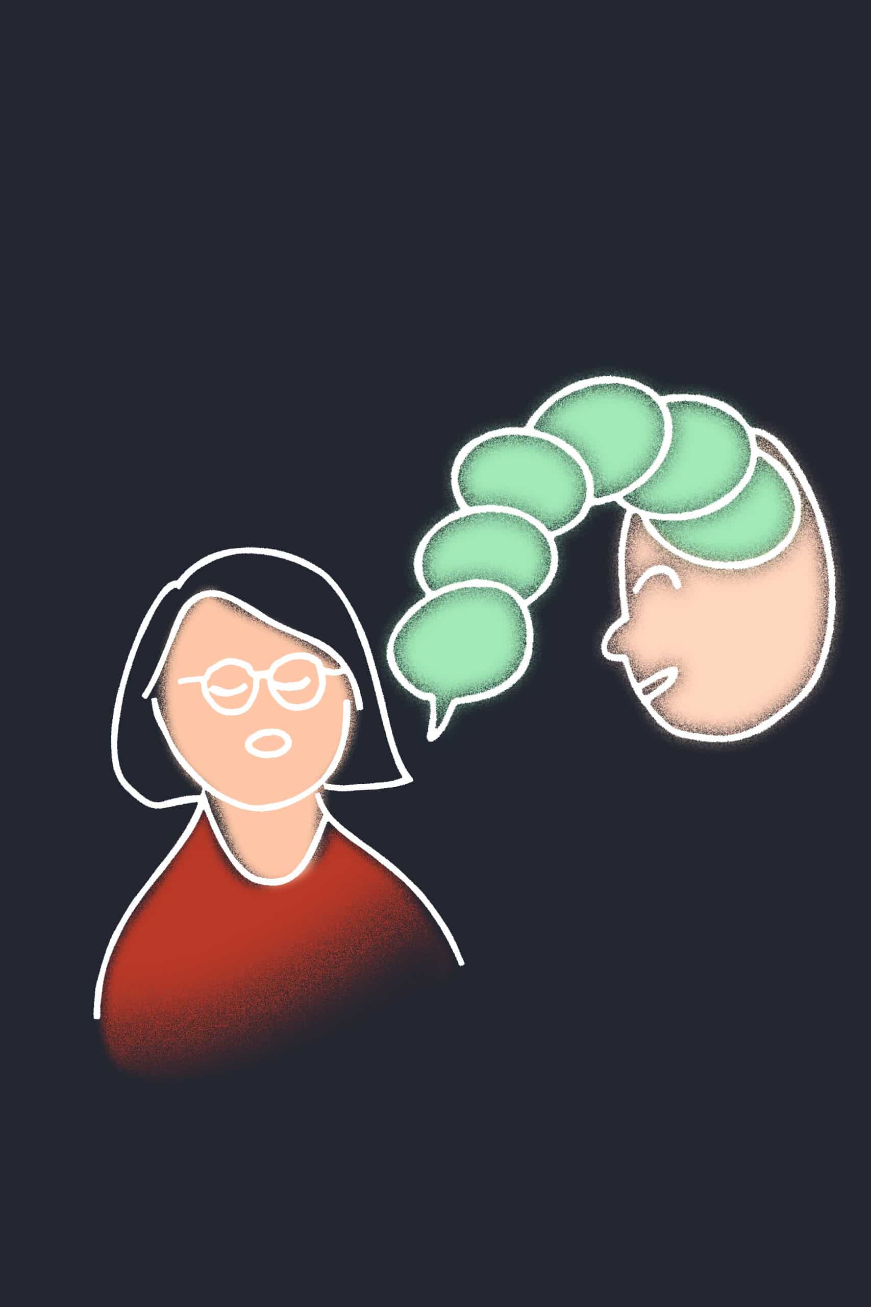 Stylized illustration of a person speaking to another person, whose eyes are closed. A green speech bubble connects the two heads, symbolizing communication or idea sharing.