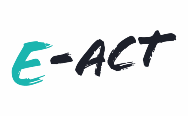 Stylized logo with the text "E-ACT." The "E-" is written in teal brushstroke-style lettering, while "ACT" is in bold black brushstroke font.