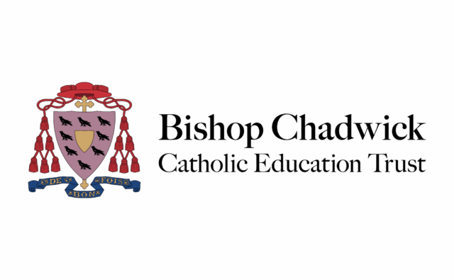 Logo for Bishop Chadwick Catholic Education Trust. It features a red ecclesiastical heraldic shield with black birds and a cross, adorned with a red galero (clerical hat) and tassels. The name appears to the right in black text.
