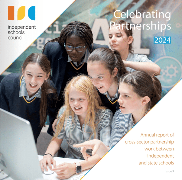 Six secondary school students in uniform gather around a computer, engaged and smiling, on the cover of the Independent Schools Council's 2024