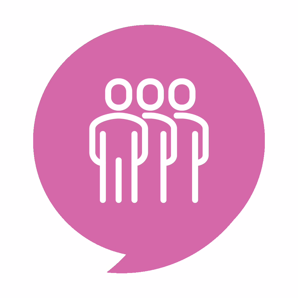 White outline of three people standing side by side inside a pink speech bubble.