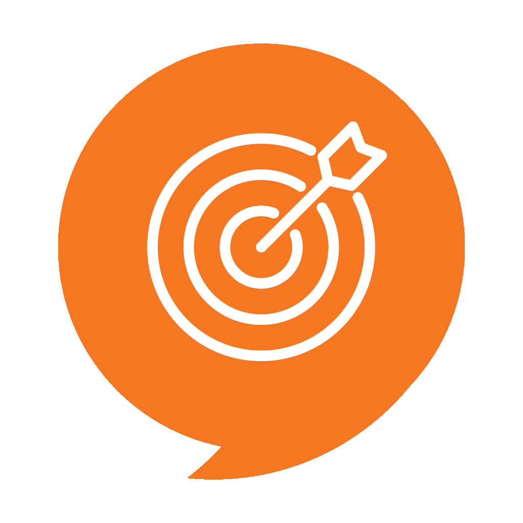 White outline of a bullseye with an arrow in the centre inside an orange speech bubble.