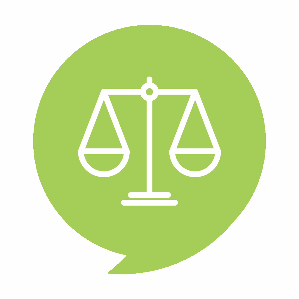 White outline of balanced scales inside a green speech bubble.