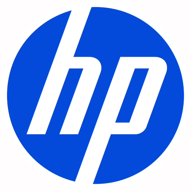 HP logo in a blue circle with lowercase white letters 'hp' in a modern, italicized font.