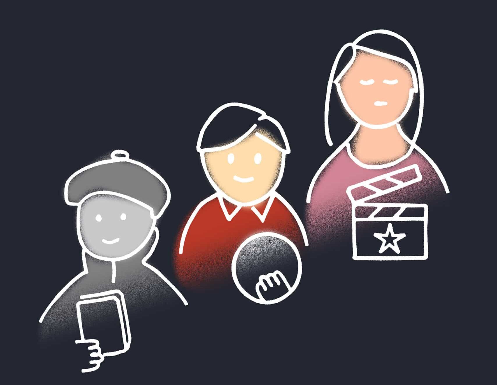 Illustration of three people on a dark background. On the left, a person wearing a beret holds a book. In the center, a person in a red sweater holds a ball. On the right, a taller figure wears a pink top with a film clapperboard symbol. Each represents different forms of creativity and learning.