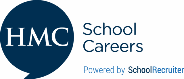 Logo for HMC School Careers. A dark blue speech bubble on the left contains the letters ‘HMC’ in white. To the right, the words ‘School Careers’ appear in dark blue. Beneath, in smaller text, it reads ‘Powered by SchoolRecruiter’.