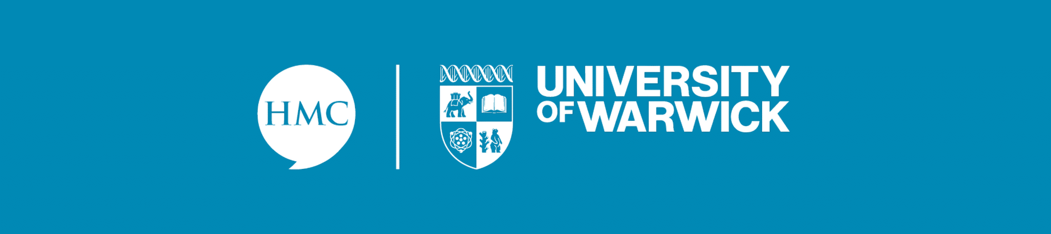 HMC logo in a speech-bubble shape alongside the University of Warwick crest and the text “University of Warwick” on a blue background.
