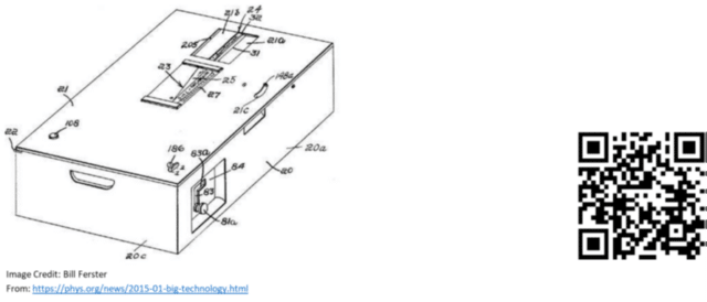 Black-and-white patent-style drawing of a rectangular teaching machine box with labeled components, including a top viewing window and slider mechanism, side crank and internal parts marked with reference numbers; QR code displayed on the right.