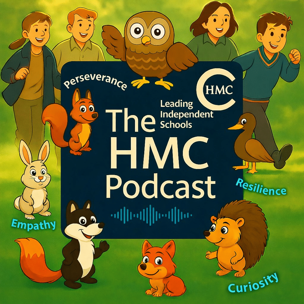 Colorful illustrated poster for “The HMC Podcast” with smiling children behind a sign featuring cartoon animals (owl, fox, rabbit, duck, hedgehog, squirrel). Words like “Perseverance,” “Empathy,” “Resilience,” and “Curiosity” surround the design.