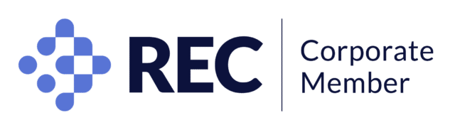 REC Corporate Member logo with a stylized blue cross made of rounded shapes on the left, “REC” in bold dark blue letters, and “Corporate Member” text to the right separated by a vertical line.