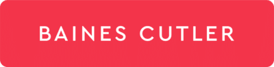 Baines Cutler logo in white uppercase text on a red rectangular background.