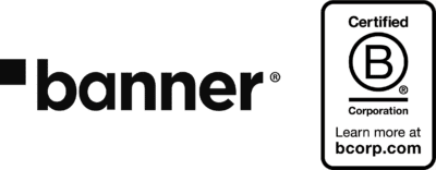 Banner logo in black text alongside a Certified B Corporation badge with the text “Learn more at bcorp.com”.