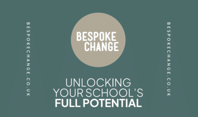 Bespoke Change logo featuring a beige circle with “Bespoke Change” text, and the slogan “Unlocking Your School’s Full Potential” below on a muted green background.