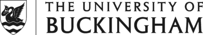 The University of Buckingham logo with black serif text and a shield featuring a swan above wavy lines.