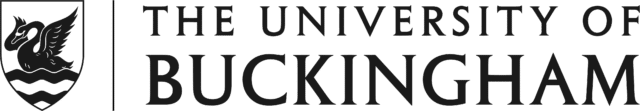The University of Buckingham logo with black serif text and a shield featuring a swan above wavy lines.