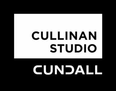 A combined partnership logo featuring “CULLINAN STUDIO” in bold black uppercase text inside a white rectangle, above the “CUNDALL” logo in stylized white lettering on a black background