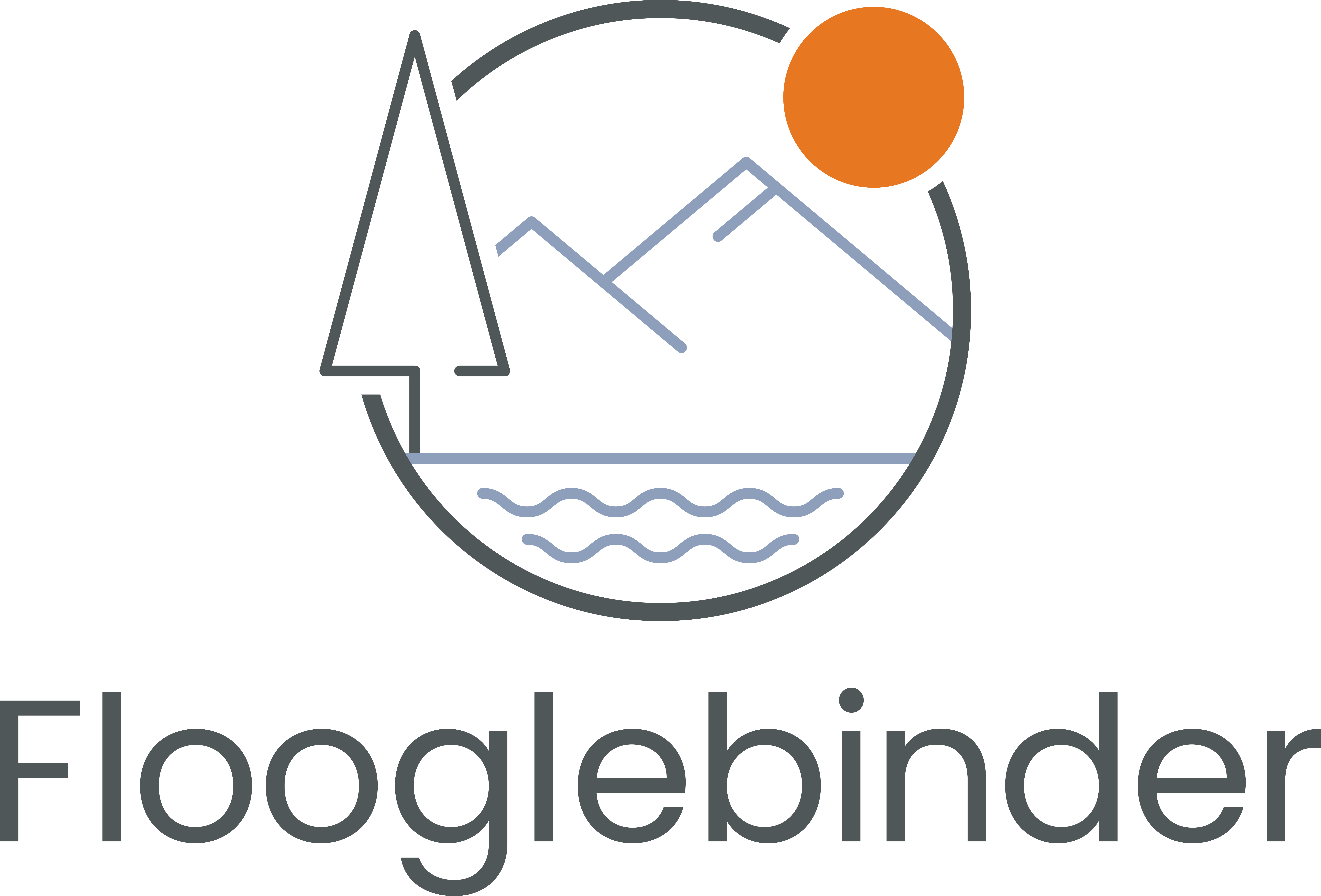 Flooglebinder logo featuring a circular outdoor scene with mountains, trees, water, and a sun above the word “Flooglebinder”.