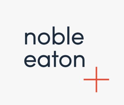 Noble Eaton logo with lowercase navy text and an orange plus symbol on a light background.