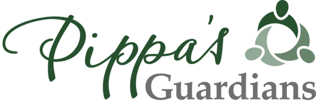 Pippa’s Guardians logo in dark green and grey, featuring the company name in stylised script and serif text alongside a circular icon of three abstract human figures.