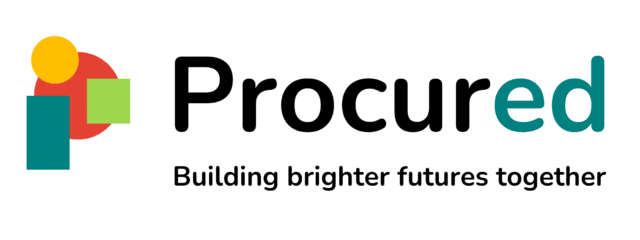 Procured logo with abstract multicoloured shapes on the left and partial teal text visible on the right.