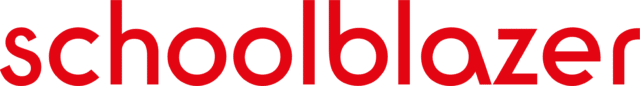 Schoolblazer logo in bold red lowercase text.