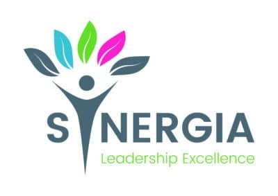Synergia Leadership Excellence logo featuring a stylized human figure with multicoloured leaf shapes above, alongside the text “SYNERGIA Leadership Excellence”.