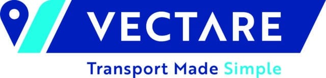 Vectare logo with a location pin icon and the words “VECTARE” above the tagline “Transport Made Simple” in blue and teal.