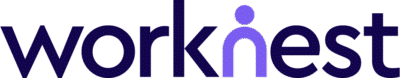 WorkNest logo with dark blue lowercase text and a purple human figure forming part of the word “worknest”.