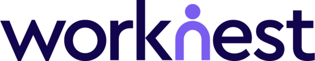 WorkNest logo with dark blue lowercase text and a purple human figure forming part of the word “worknest”.