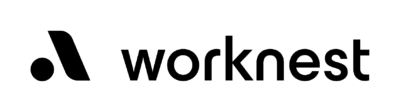 The logo features a bold black abstract mark resembling a tilted geometric shape next to the word “worknest” in lowercase black sans-serif text.