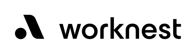 The logo features a bold black abstract mark resembling a tilted geometric shape next to the word “worknest” in lowercase black sans-serif text.