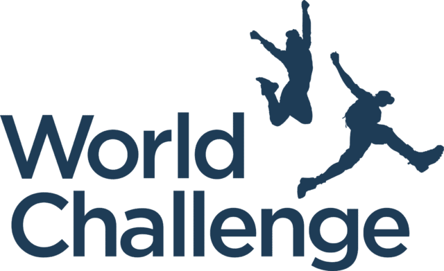 World Challenge logo with dark blue text and silhouettes of two people jumping in celebration.