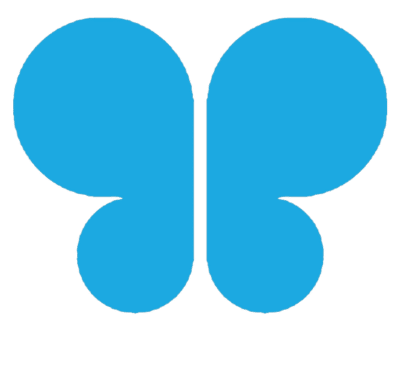 Abstract blue logo with two large circular shapes above two smaller circles, forming a symmetrical, butterfly-like design.