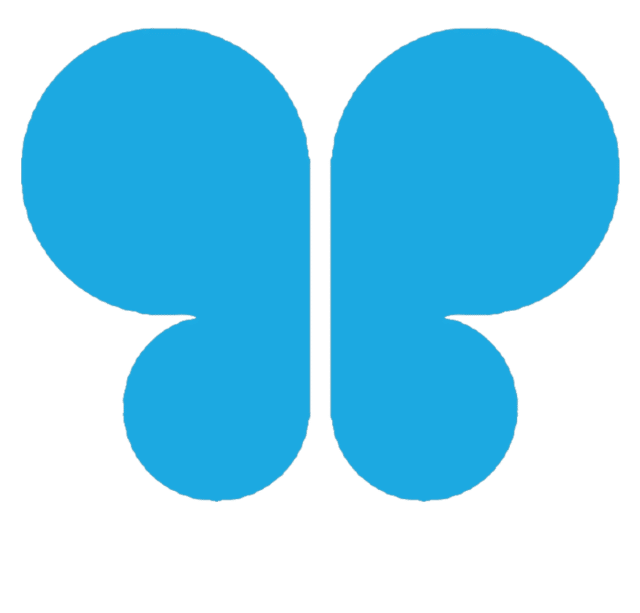 Abstract blue logo with two large circular shapes above two smaller circles, forming a symmetrical, butterfly-like design.
