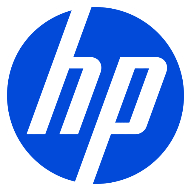 HP logo in blue circle with white lowercase “hp” letters.