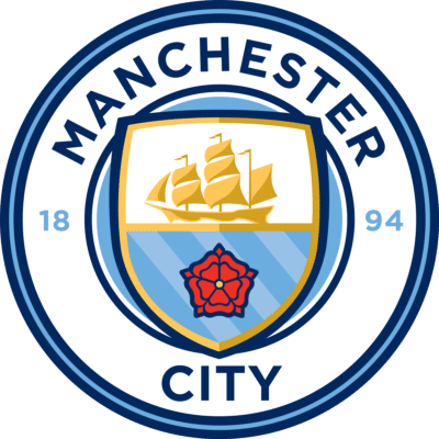 Manchester City Football Club crest featuring a gold ship, red rose and blue shield, with 